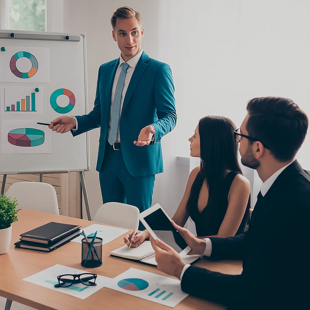 Man in a suit giving a finance presentation with pie and bar charts on flipboard