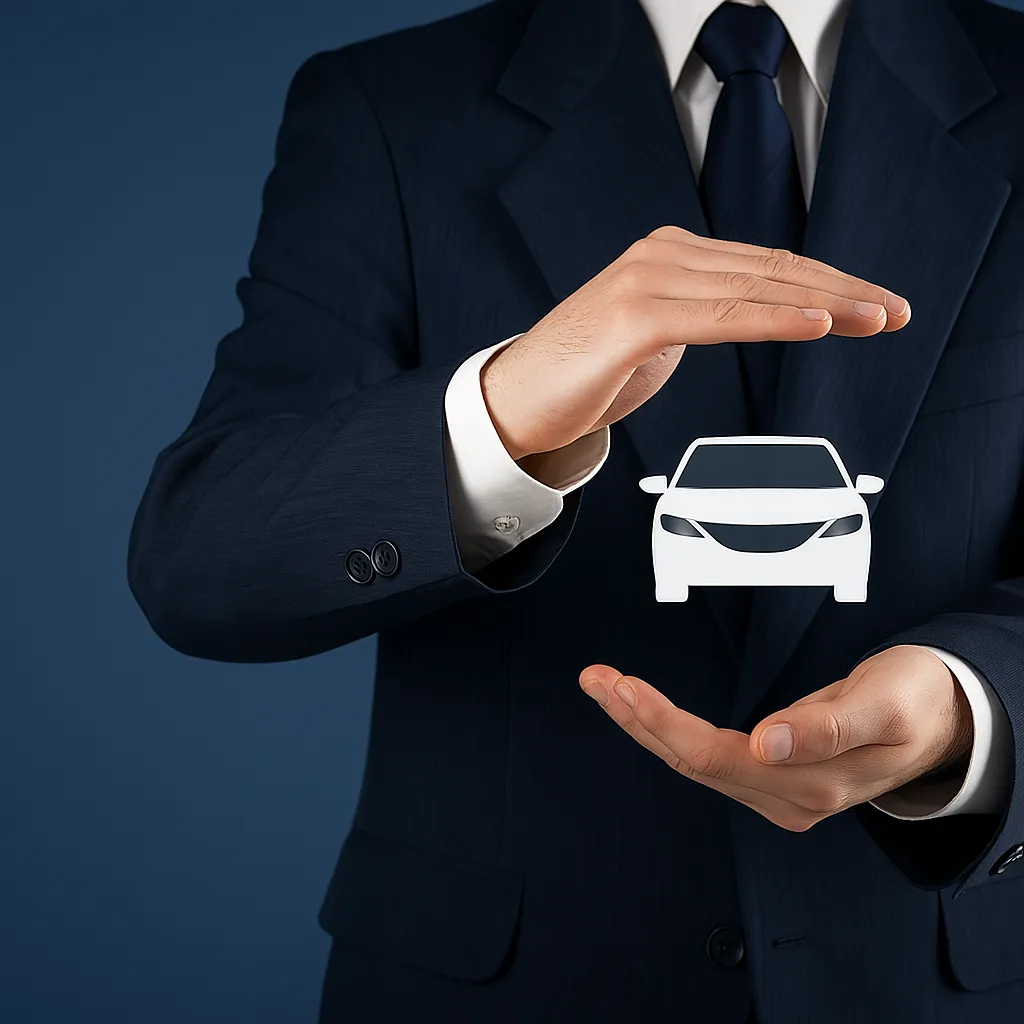 Businessman protecting a car icon between hands, symbolizing insurance