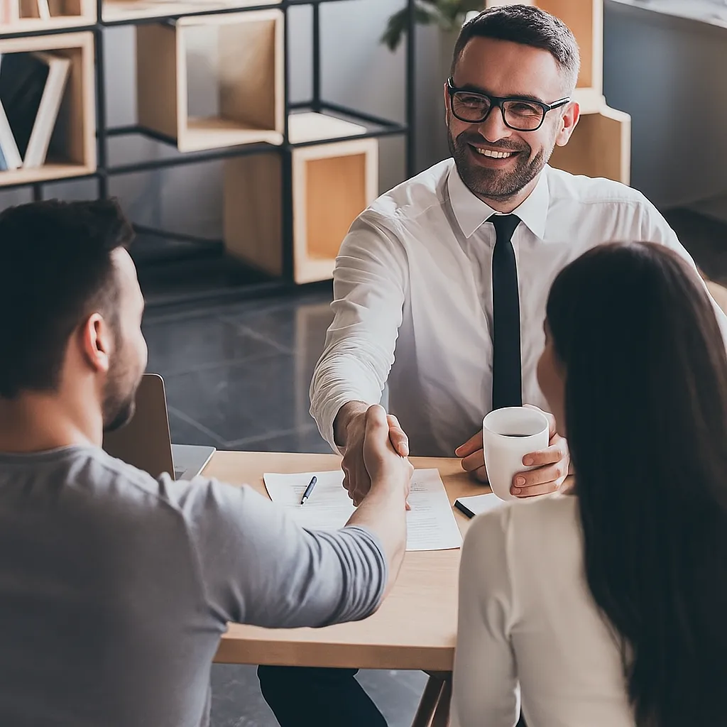 Smiling businessman shaking hands with clients in modern office setting