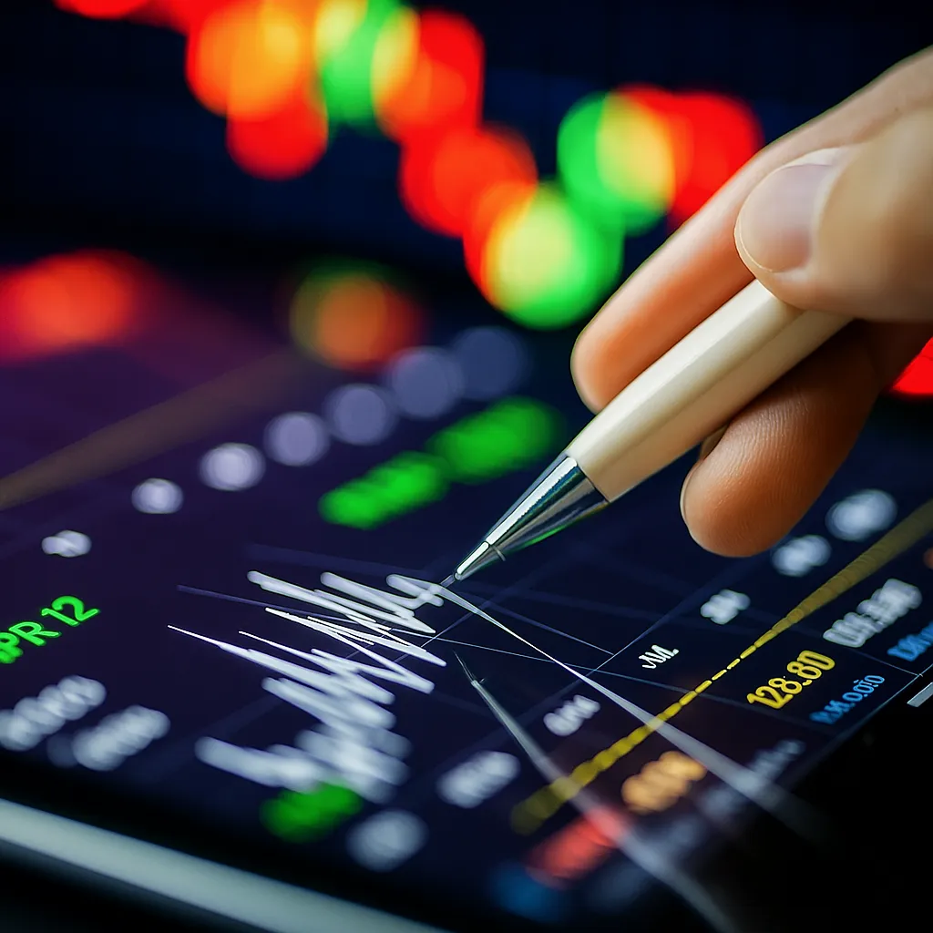 Stylus pointing to financial trading chart on tablet with stock data in the backgroundStylus pointing to financial trading chart on tablet with stock data in the background