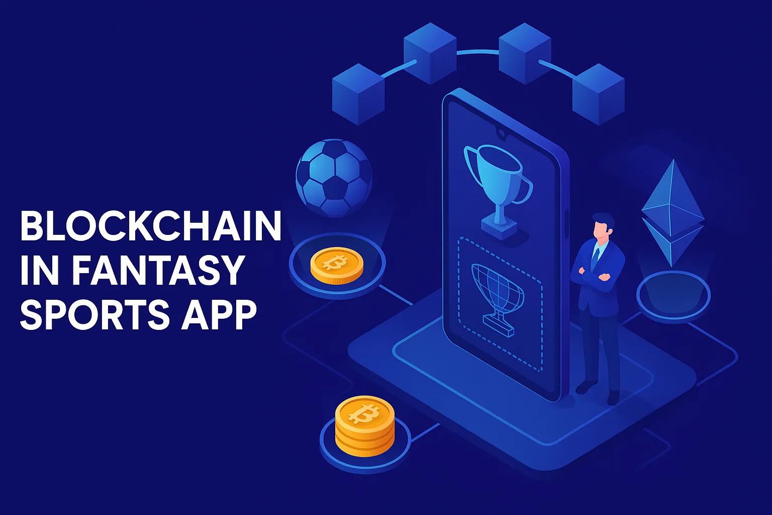 Isometric digital illustration showing blockchain integration in fantasy sports apps with sports icons and crypto symbols.