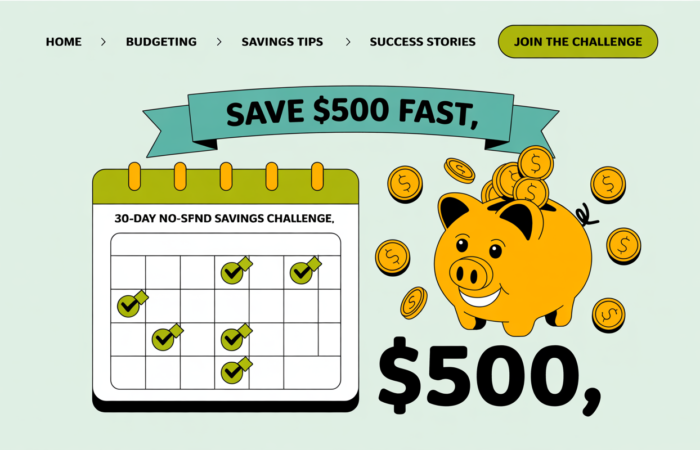 30-Day No-Spend Savings Challenge calendar with checked days, piggy bank overflowing with coins, and bold ‘$500’ text on a teal & lime background
