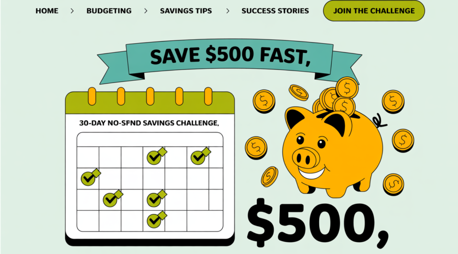 30-Day No-Spend Savings Challenge calendar with checked days, piggy bank overflowing with coins, and bold ‘$500’ text on a teal & lime background